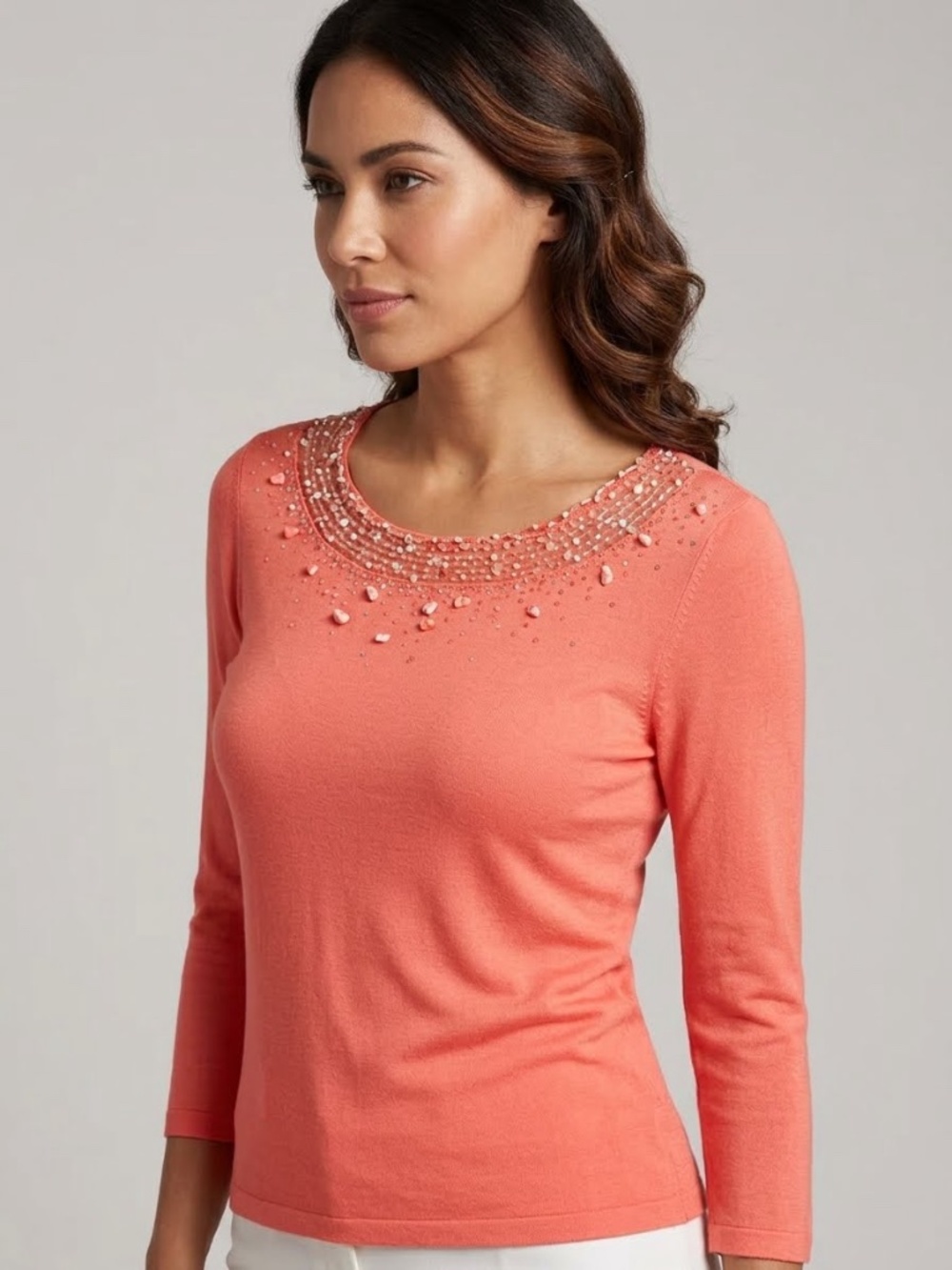 Sophie Tyler Coral Beaded Knit Top Sweater Size Medium